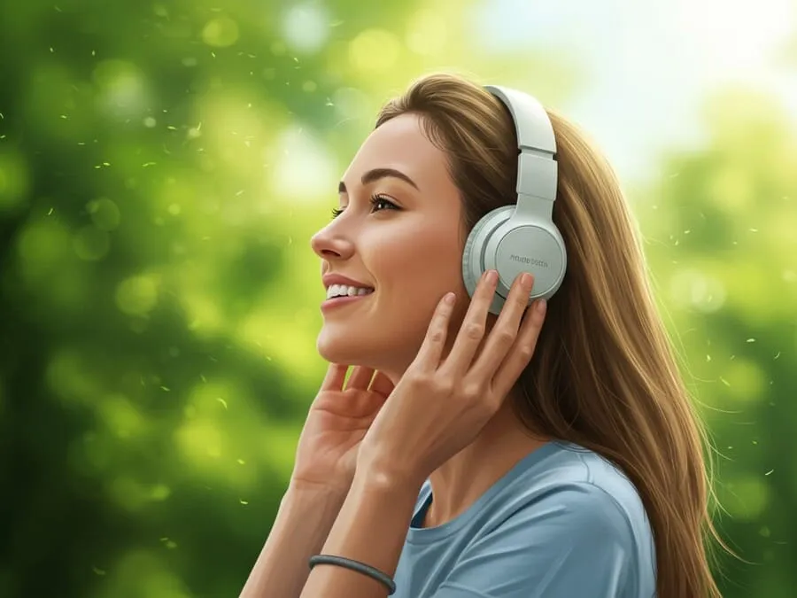 Proteger audição com fones. Pessoa ouvindo música com fones de ouvido de forma segura ao ar livre em um ambiente natural.
