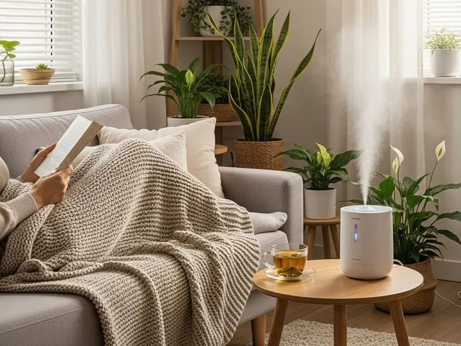Pessoa em ambiente interno seguro, com purificador de ar, umidificador e janelas fechadas, respirando ar limpo.