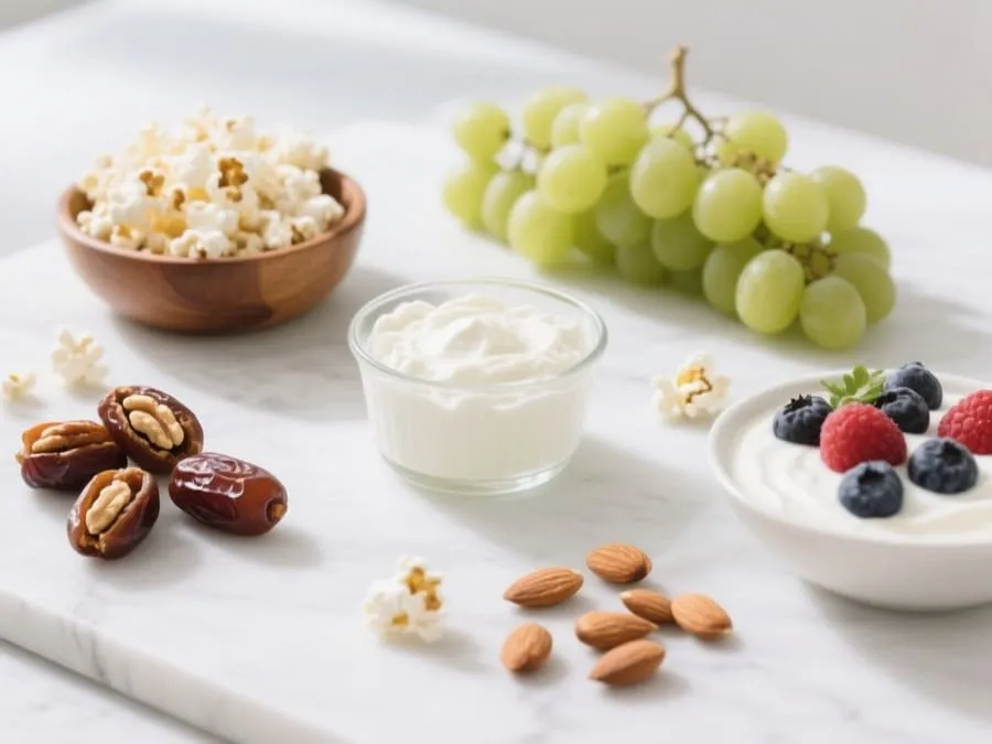 Variedade de lanches saudáveis para emagrecer incluindo Queijo Cottage , popcorn, uvas e tâmaras dispostos em superfície de mármore