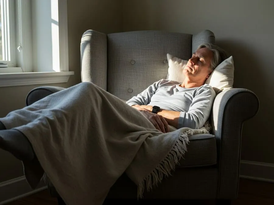 Um homem mais velho descansa tranquilamente em uma poltrona confortável, coberto por um xale, com os olhos fechados e o corpo relaxado. A luz do sol entra pela janela ao lado, criando um ambiente sereno e acolhedor.