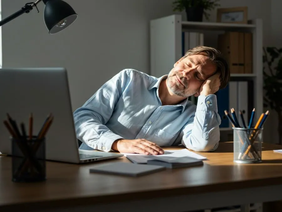 Homem de camisa social azul clara dormindo com a cabeça apoiada na mão sobre uma mesa de escritório. Diante dele, há um laptop aberto, papéis, canetas e um suporte com lápis. Ao fundo, prateleiras com pastas e plantas, iluminadas por luz natural vinda de uma janela. A cena transmite fadiga ou exaustão no ambiente de trabalho.