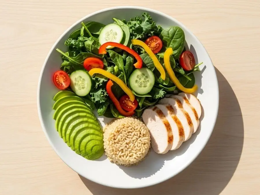 Comece pelo equilíbrio: vegetais, proteínas e carboidratos complexos no mesmo prato.