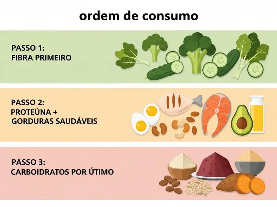 Infográfico moderno mostrando a sequência de consumo dos alimentos: vegetais primeiro, depois proteínas e gorduras, e carboidratos por último.