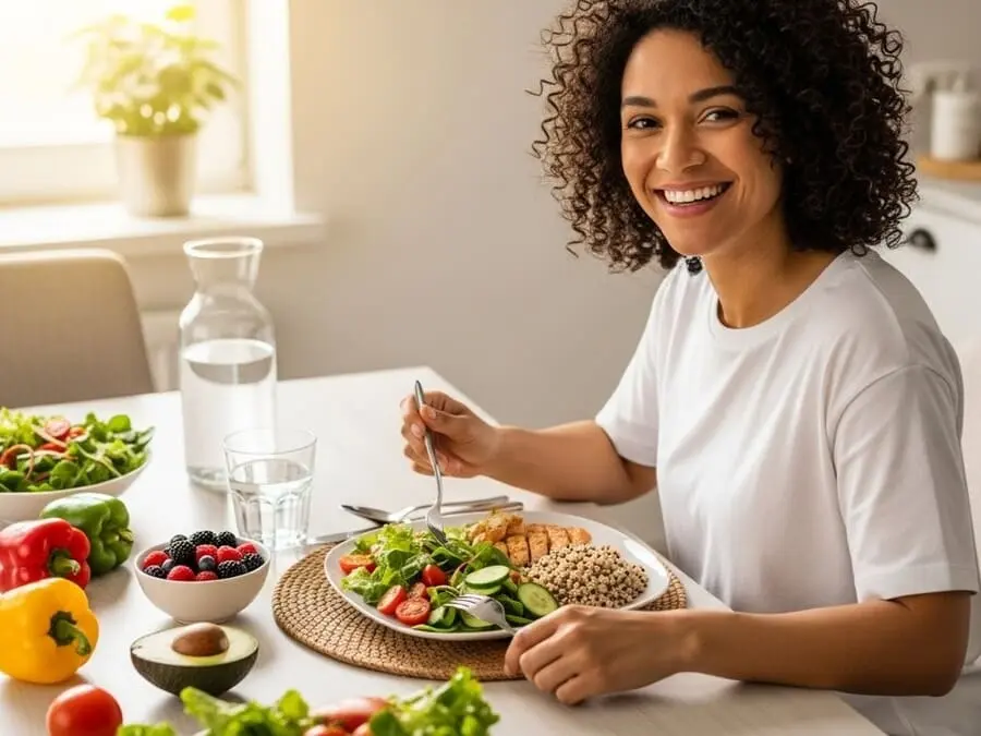 Pessoa feliz em uma cozinha iluminada saboreando uma refeição equilibrada com salada, proteínas e carboidratos complexos.