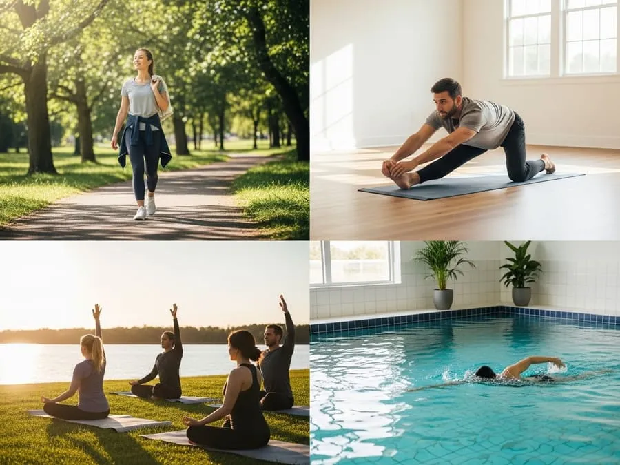 Montagem mostrando caminhada leve, alongamento, yoga relaxante e natação tranquila, atividades de recuperação ativa.