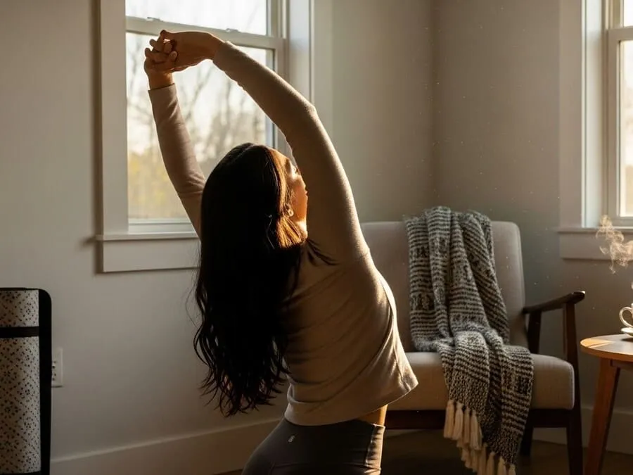 Mulher alongando suavemente ao amanhecer, com tapete de yoga e cadeira aconchegante ao lado, representando equilíbrio entre atividade e descanso.