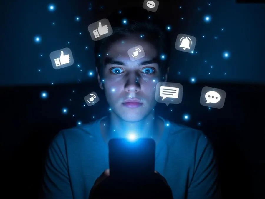 Pessoa no escuro iluminada apenas pela luz azul do celular, cercada por ícones de redes sociais, representando vício digital.