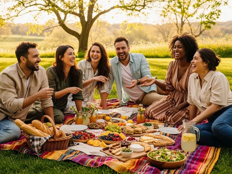 Grupo de amigos em um piquenique ao ar livre, sorrindo e conversando sem celulares por perto.