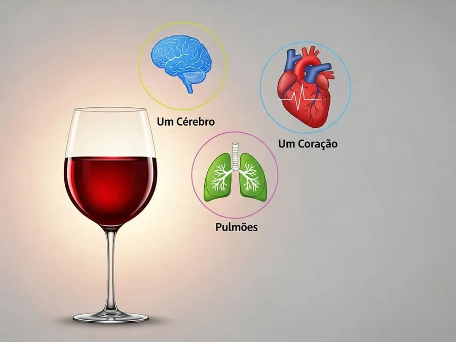 Ilustração conceitual de uma taça de vinho tinto cercada por ícones de coração, cérebro e pulmões, representando benefícios à saúde.