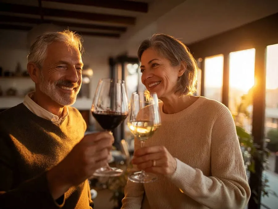 Duas pessoas brindando com taças de vinho tinto e branco em um ambiente acolhedor, simbolizando saúde e equilíbrio.