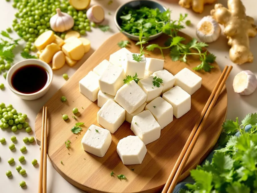 Cubos de tofu fresco em tábua de madeira com ingredientes asiáticos - soja, gengibre e molho shoyu