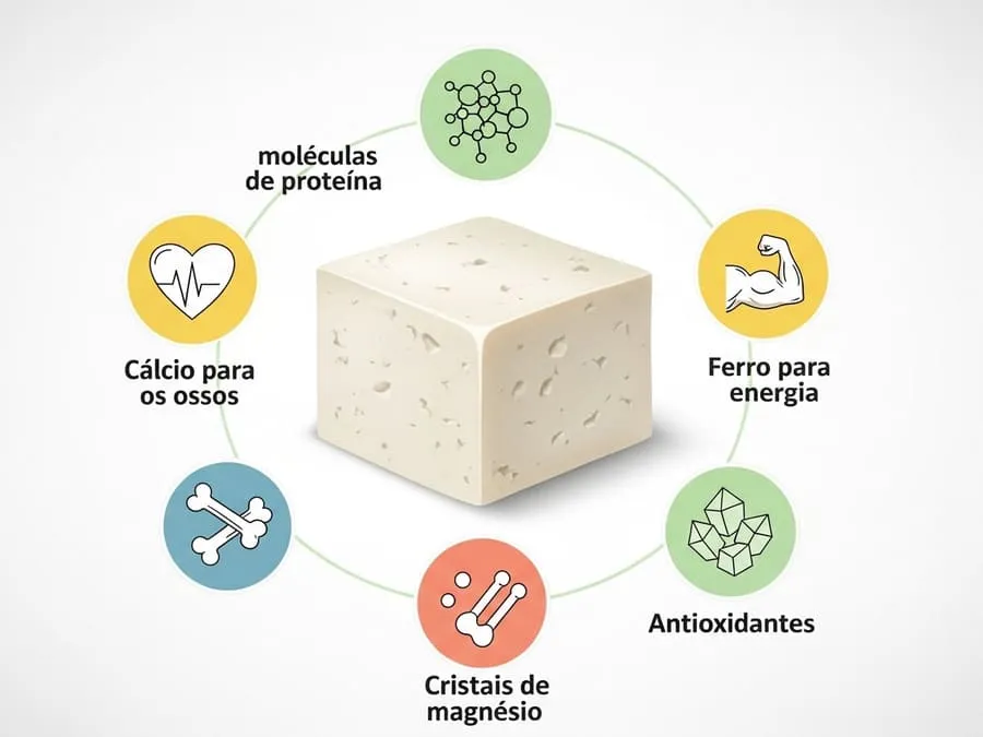 Infográfico nutricional do tofu mostrando proteínas, cálcio, ferro, magnésio e antioxidantes para saúde