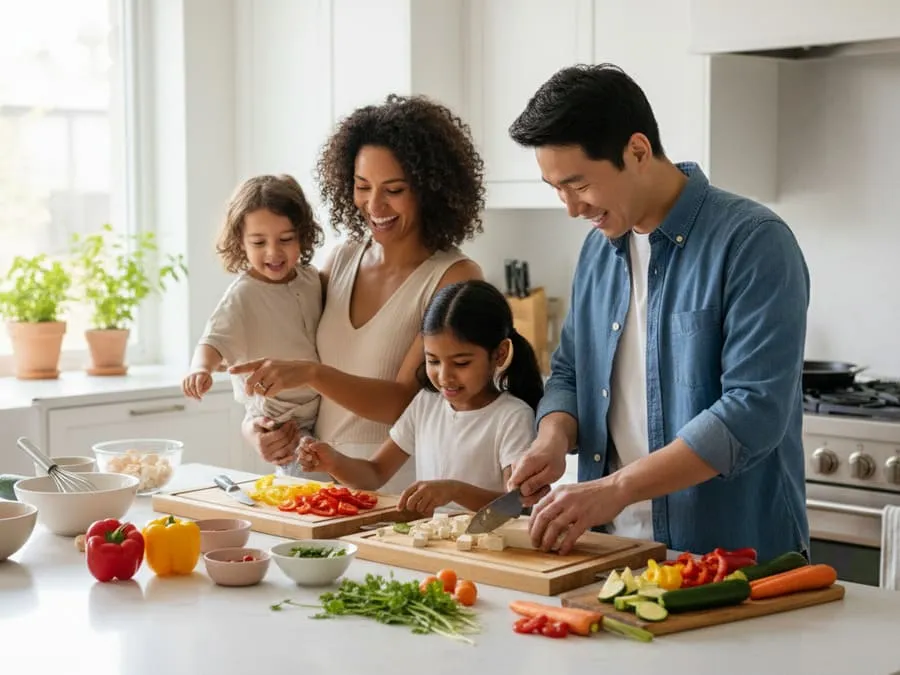Família cozinhando juntos com tofu e vegetais frescos em cozinha moderna e saudável