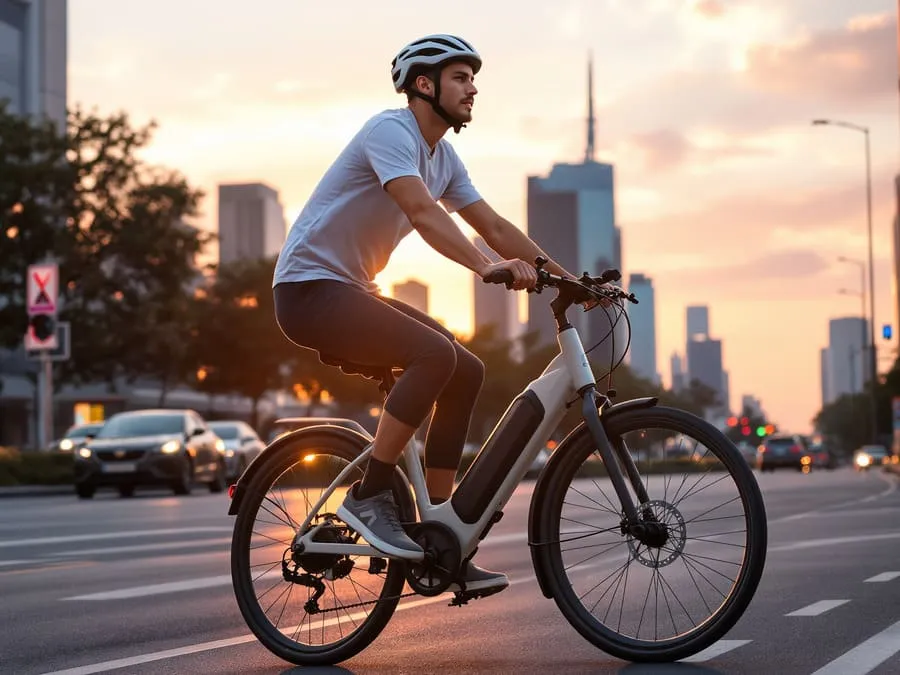 Fotografia de um ciclista pedalando uma bicicleta elétrica em uma ciclovia urbana ao amanhecer, com trânsito leve e céu laranja ao fundo.
