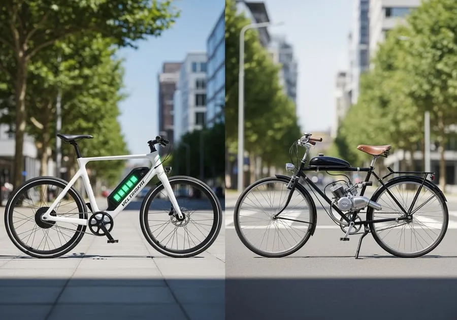 Imagem comparando uma bicicleta elétrica moderna e uma bicicleta motorizada a combustão, lado a lado em uma rua urbana com prédios e árvores ao fundo.