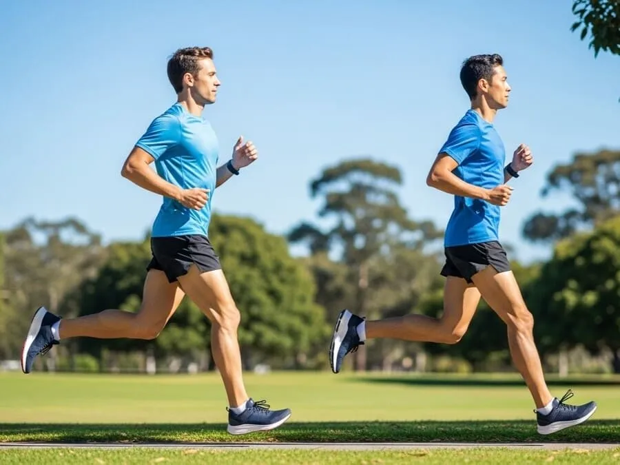 cadência na corrida. Fotografia de dois corredores em um parque ensolarado, um com passos curtos e rápidos, outro com passos longos e pesados, com grama verde e céu azul ao fundo.