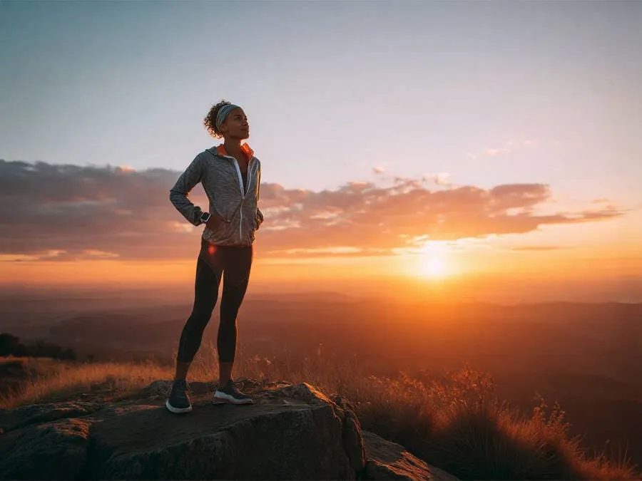 Fotografia de um corredor no topo de uma colina ao entardecer, segurando um relógio esportivo, com céu laranja e rosa ao fundo, simbolizando conquista e progresso.