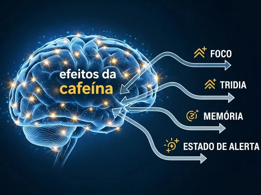 Infográfico do cérebro com neurônios iluminados, representando o efeito estimulante da cafeína.