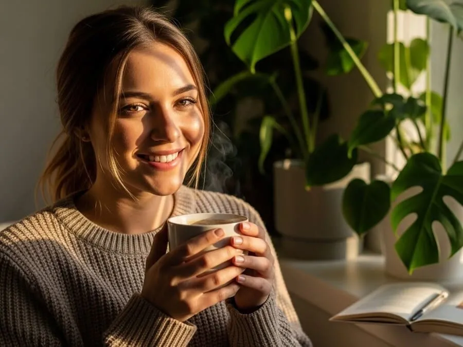 Mulher jovem sorridente tomando café perto da janela iluminada pelo sol, transmitindo equilíbrio e saúde.