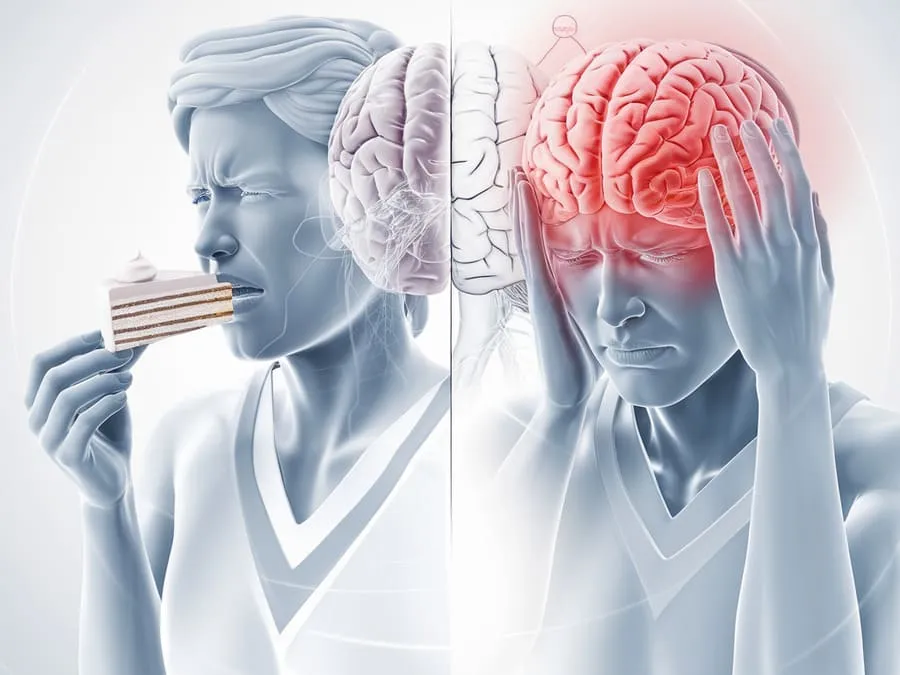 Ilustração mostrando a relação entre consumo de açúcar e dores de cabeça.