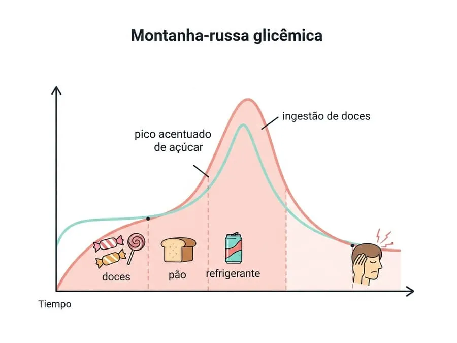 Infográfico mostrando a montanha-russa da glicose e sua relação com dores de cabeça.