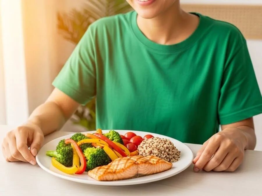Pessoa feliz desfrutando de uma refeição saudável e equilibrada, livre de dores de cabeça.