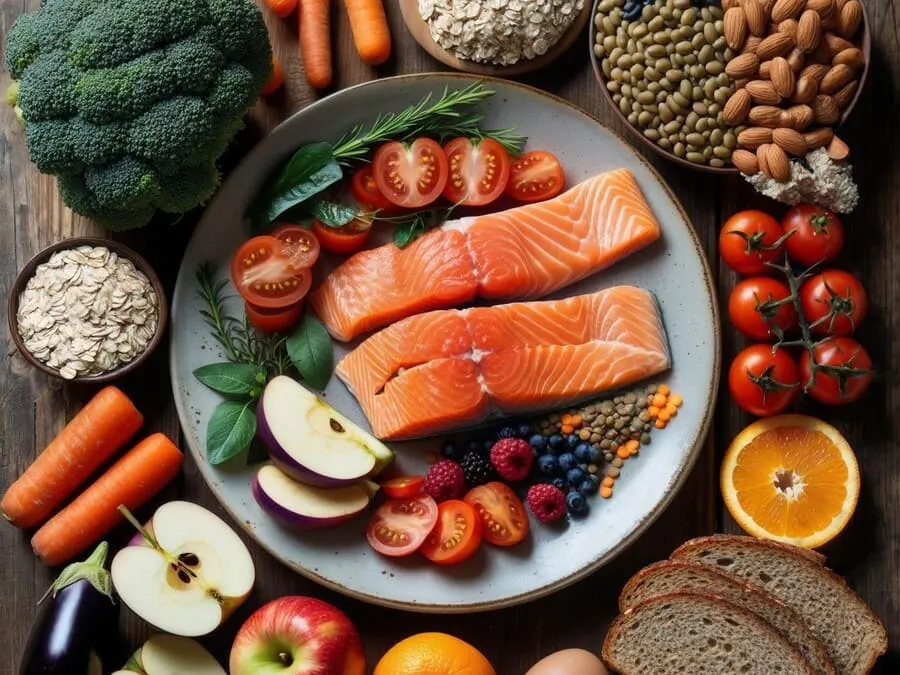 Vista superior de alimentos saudáveis como vegetais, frutas, grãos integrais, leguminosas, ovos e salmão em uma mesa rústica.