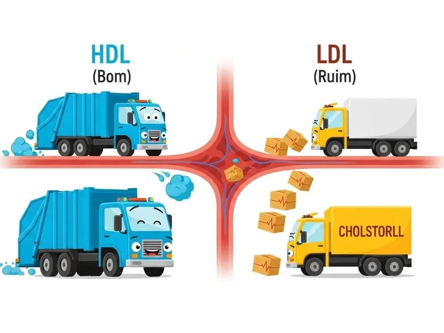 Infográfico ilustrando HDL como caminhões que limpam as artérias e LDL como entregadores que deixam colesterol acumulado.