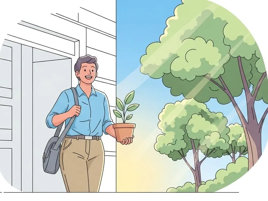 Pessoa saindo do trabalho sorridente e caminhando em direção a uma vida equilibrada e saudável.