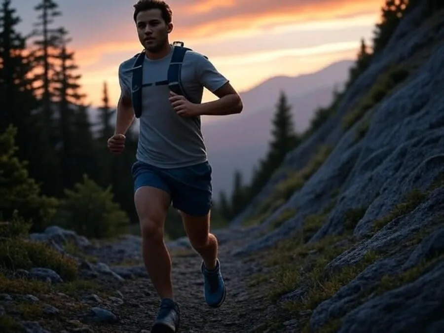 Fotografia de um corredor em uma trilha montanhosa ao amanhecer, com tênis de trilha, roupas leves, mochila de hidratação, árvores, rochas e céu alaranjado ao fundo.