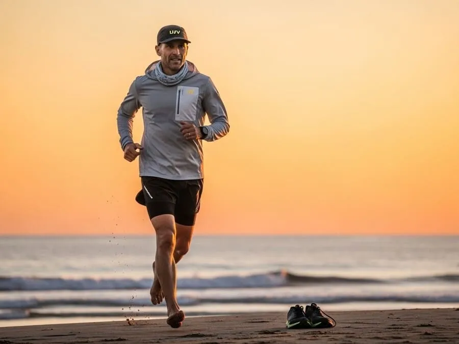 corrida em diferentes terrenos. Fotografia de um corredor na areia de uma praia ao entardecer, com tênis minimalistas, roupas leves, boné, pegadas na areia, mar e céu laranja ao fundo.