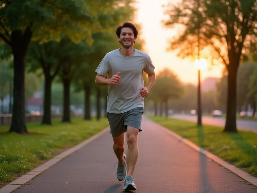 Fotografia de um corredor iniciante correndo em uma trilha urbana ao amanhecer, com tênis simples, camiseta de algodão e um leve sorriso, com árvores verdes e céu alaranjado ao fundo.