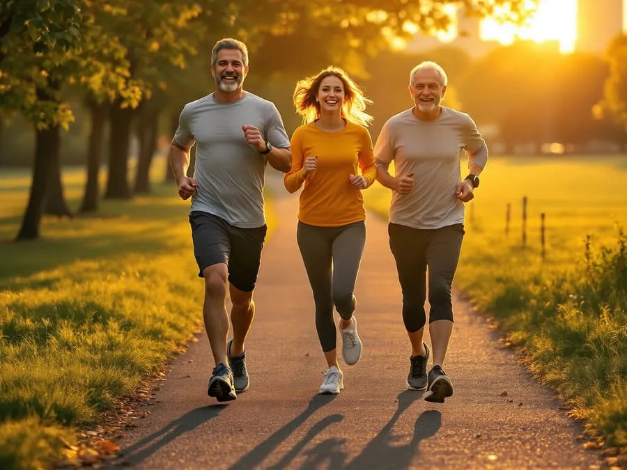 Pessoas de diferentes idades correndo em um parque ao nascer do sol, representando os benefícios das corridas curtas para a saúde.