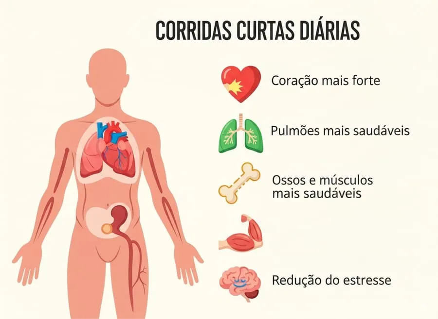 Infográfico destacando os benefícios físicos e mentais de corridas curtas diárias.