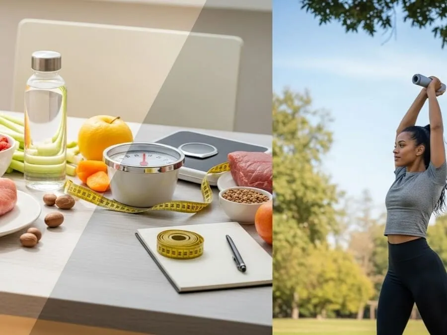 Imagem mostrando alimentos saudáveis ao lado de pessoa praticando exercício, representando déficit calórico para perda de peso