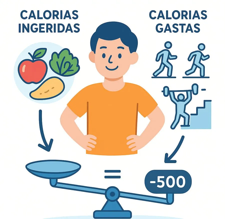 déficit calórico. Infográfico ilustrando como funciona o déficit calórico com entrada e saída de calorias