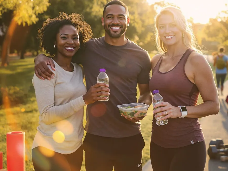 Grupo de pessoas felizes e saudáveis representando sucesso na perda de peso sustentável através do déficit calórico