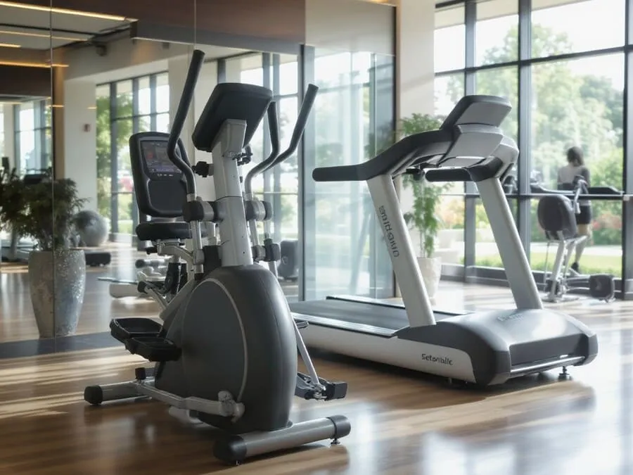 Máquinas de cardio elíptico e esteira em academia moderna iluminada por luz natural.
