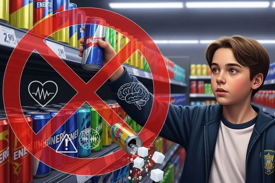 Imagem de um adolescente pegando uma lata de energético em uma prateleira de supermercado, com sinais de proibição e ícones de riscos à saúde ao fundo.