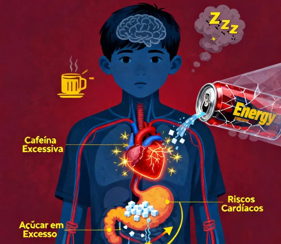 Ilustração do corpo de um jovem mostrando efeitos negativos dos energéticos, como problemas cardíacos, insônia e excesso de açúcar