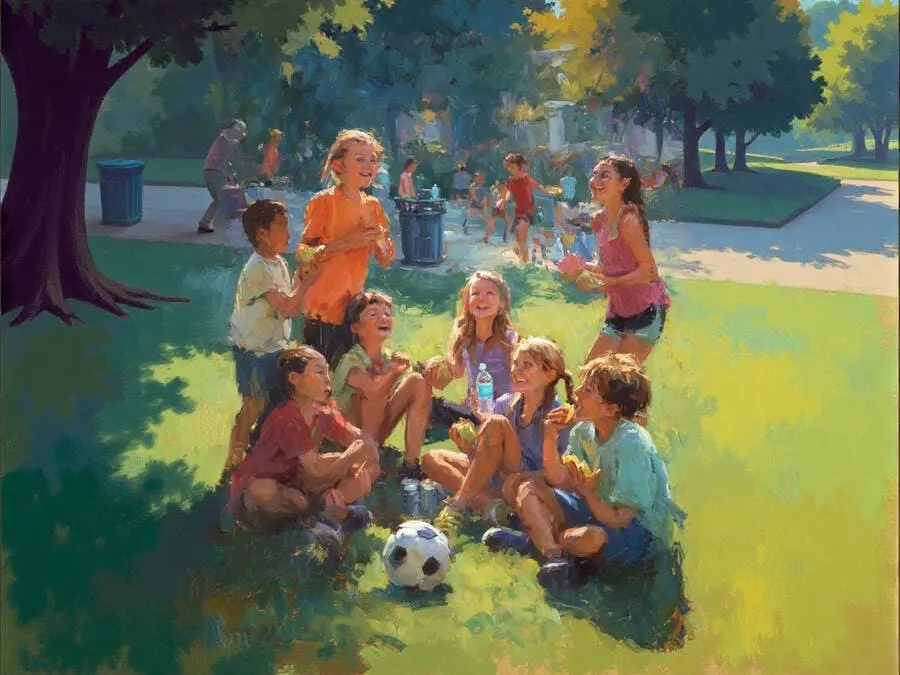 Cena de crianças e adolescentes praticando esportes e comendo frutas em um parque, simbolizando alternativas saudáveis aos energéticos