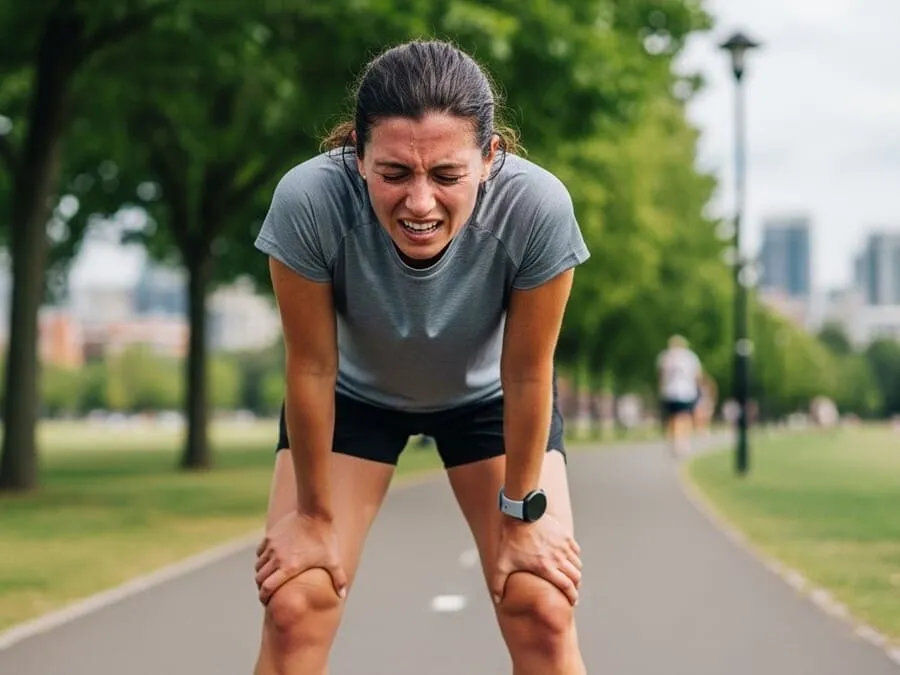 Excesso de exercício. Corredor exausto parando no meio do treino, ilustrando sintomas do overtraining.