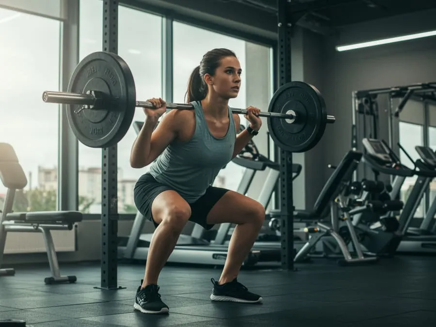 Fotografia de uma pessoa determinada realizando um agachamento com barra em uma academia moderna, com luz natural entrando pelas janelas, destacando esforço e foco.