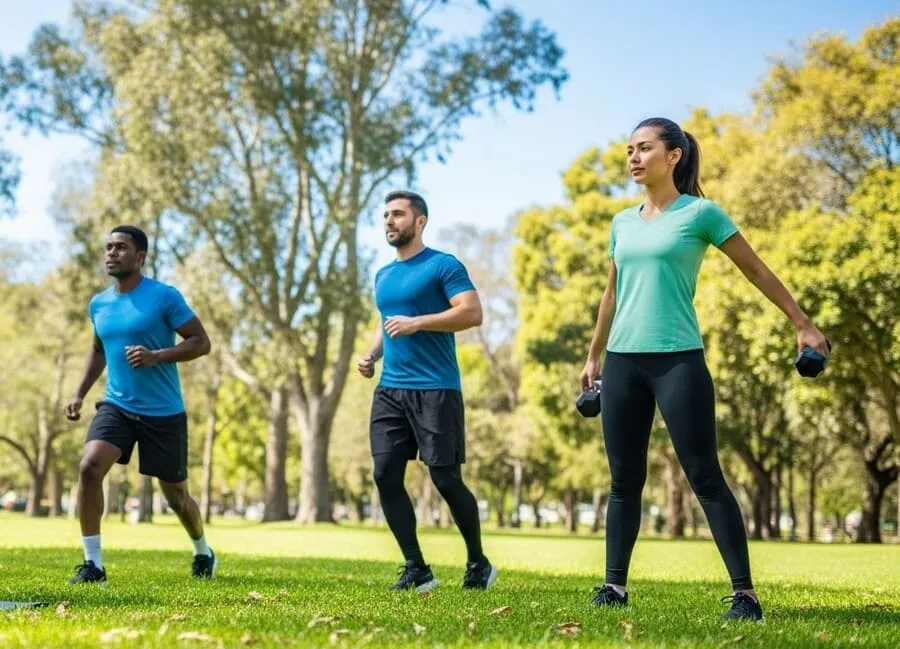 exercícios menos favoritos. Fotografia de três pessoas em um parque ensolarado, uma fazendo avanço com halteres, outra correndo levemente e a terceira alongando os isquiotibiais, com grama verde e céu azul ao fundo.