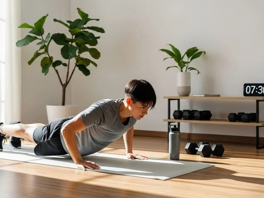 Pessoa treinando em casa fazendo flexão de braço em tapete de yoga, mostrando como a sala pode ser usada como academia.