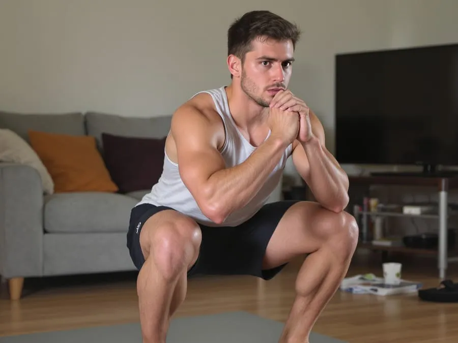 Pessoa realizando agachamento profundo em casa, com técnica correta e postura alinhada.