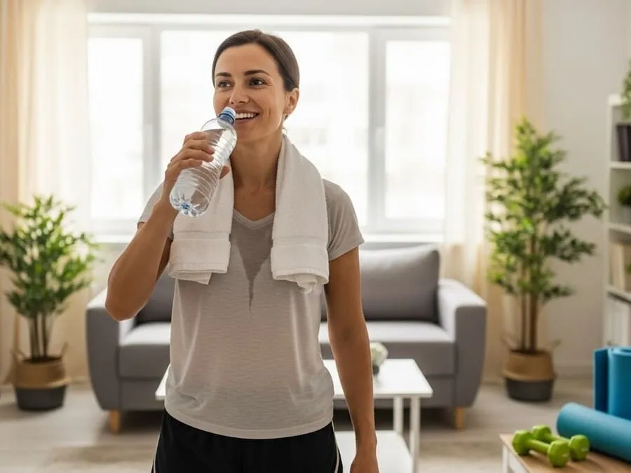 ganho de massa muscular em casa. Pessoa sorrindo após treino em casa, com toalha no pescoço e garrafa de água, transmitindo sensação de conquista.