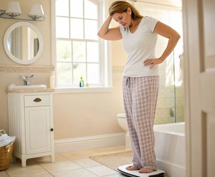 Mulher confusa olhando para balança mostrando ganho de peso inexplicado em banheiro moderno