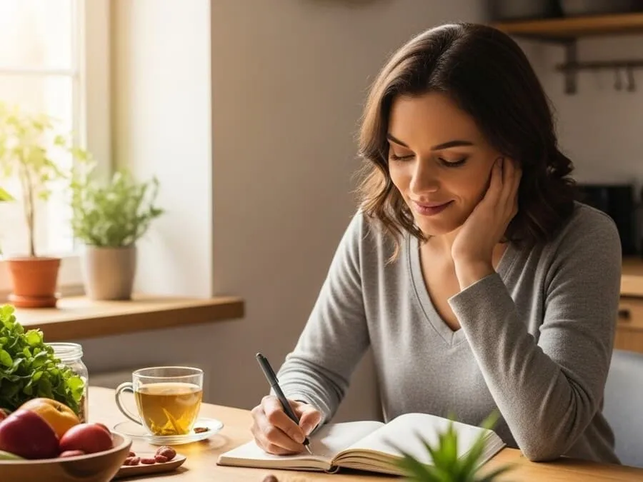 Mulher sorridente escrevendo em diário alimentar na cozinha com alimentos saudáveis e chá sobre a mesa