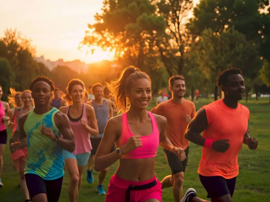 Fotografia de um grupo diversificado de corredores em um parque ao amanhecer, sorrindo e interagindo, com roupas de corrida e céu alaranjado ao fundo.